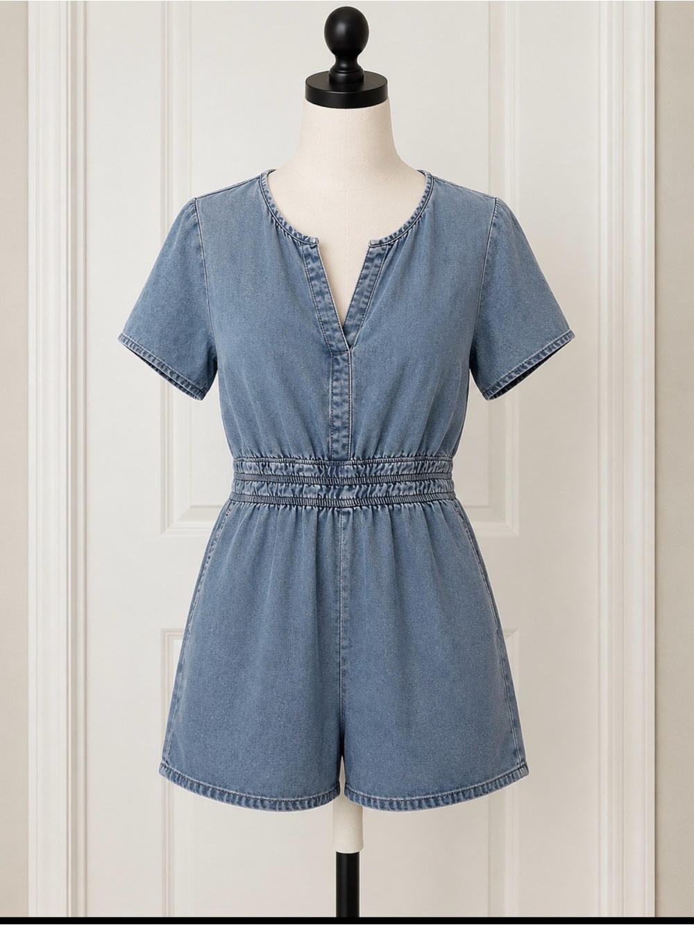 Light Wash Denim V-Neck Smocked Waist Romper